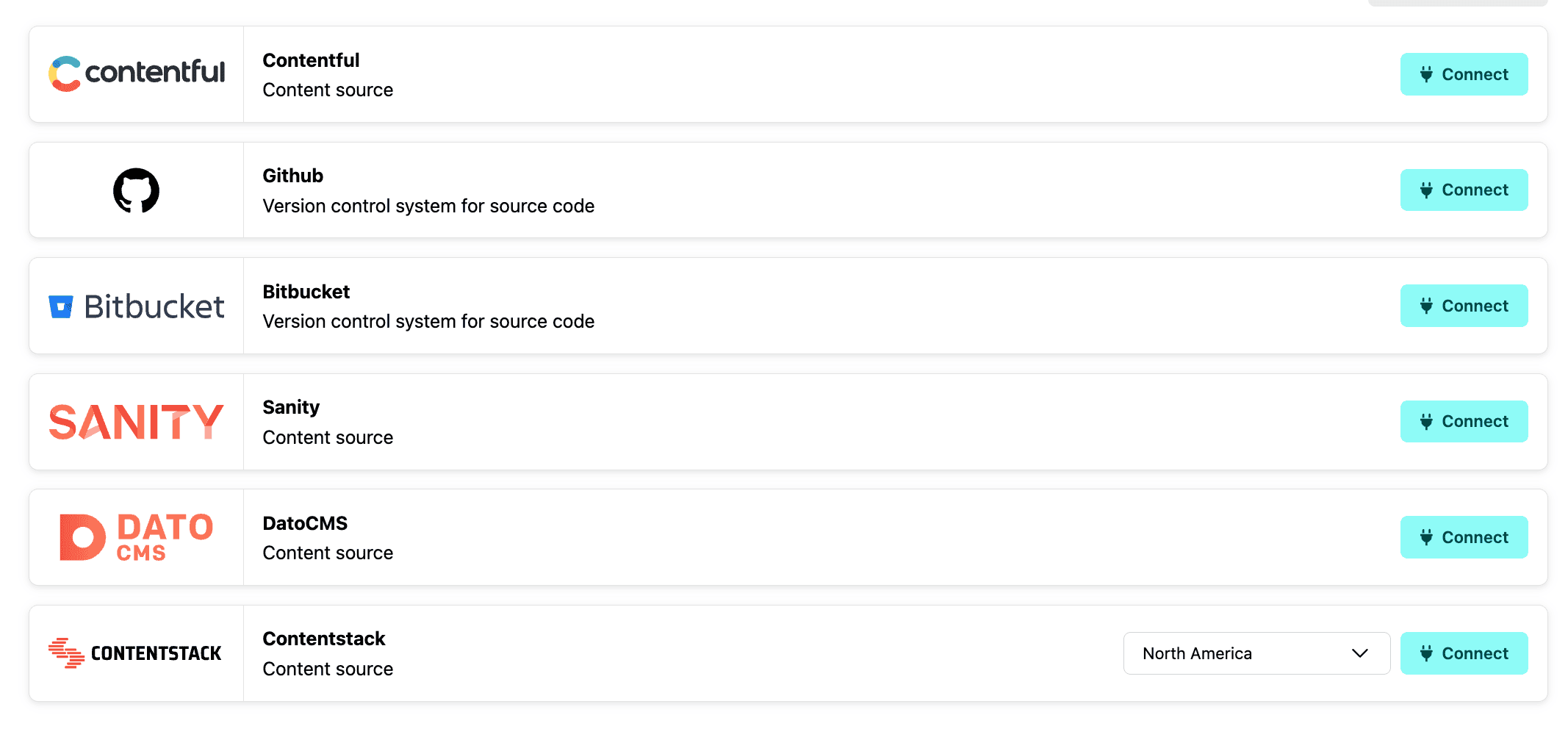 List of supported content sources, including Contentful, GitHub, BitBucket, Sanity, DatoCMS, Contentstack