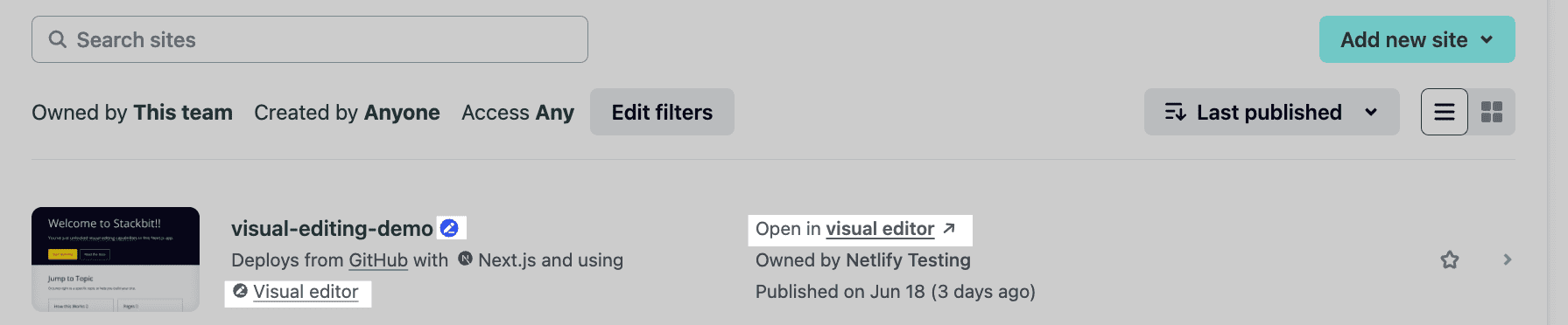 Site with visual editing enabled in sites list with a visual editor icon and a link to open site in visual editor