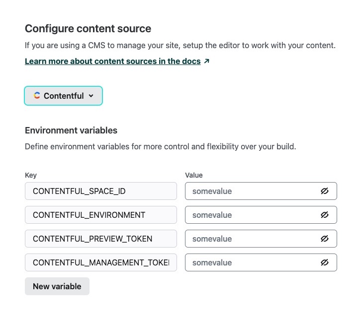 Example adding Contentful environment variables when enabling visual editing on an existing site