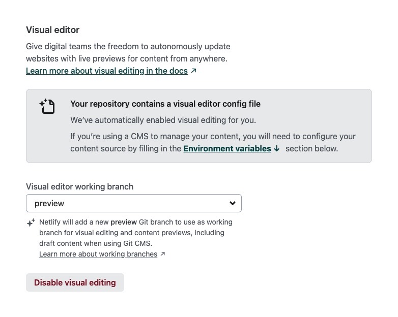 Visual editing options for creating a new site
