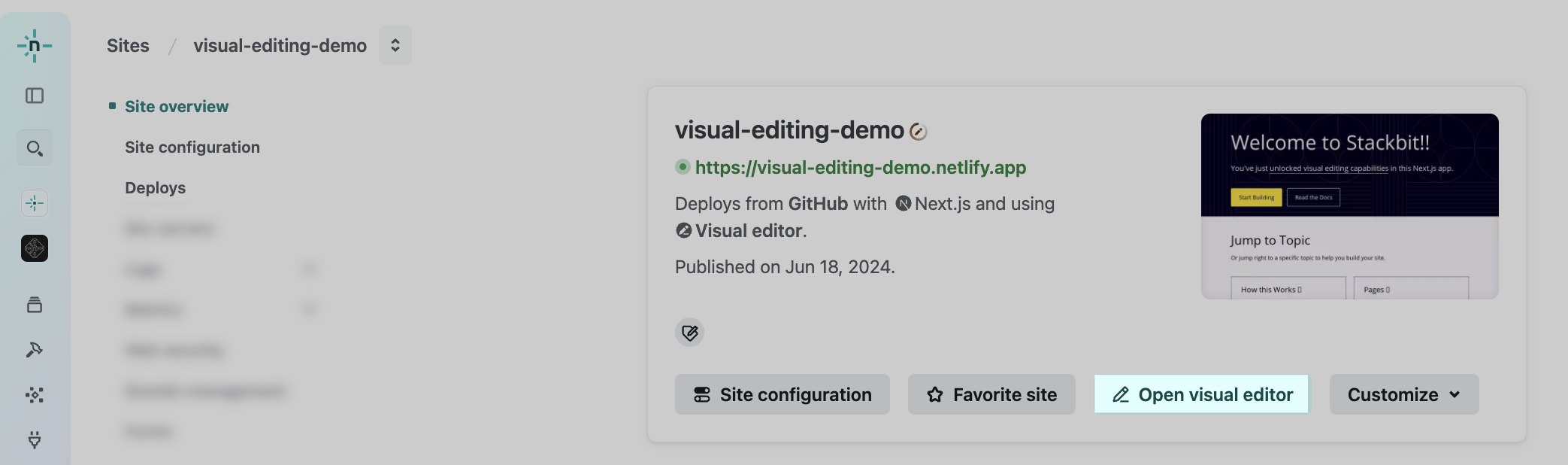 Open visual editor button location highlighted on site overview page