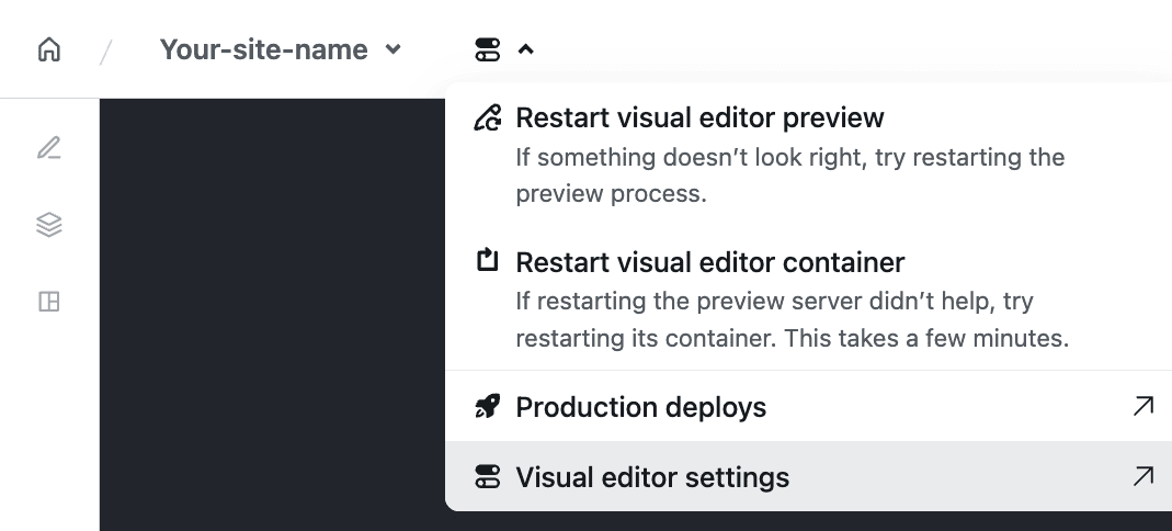 Visual editor dashboard UI showing a drop-down menu with the restart options