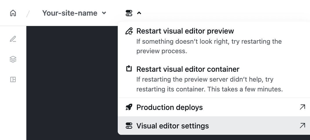 Visual editor dashboard UI showing a drop-down menu with visual editor settings option