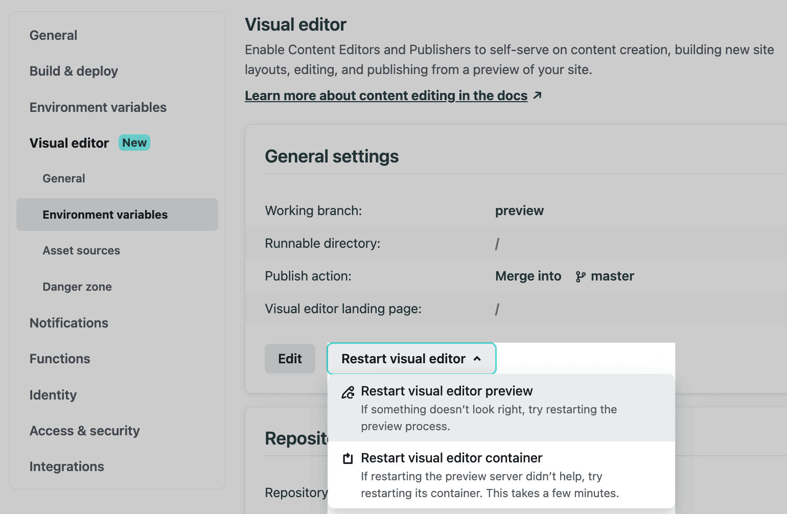 Site configuration UI showing the restart visual editor button and drop-down menu with two restart options to restart the preview or restart the container