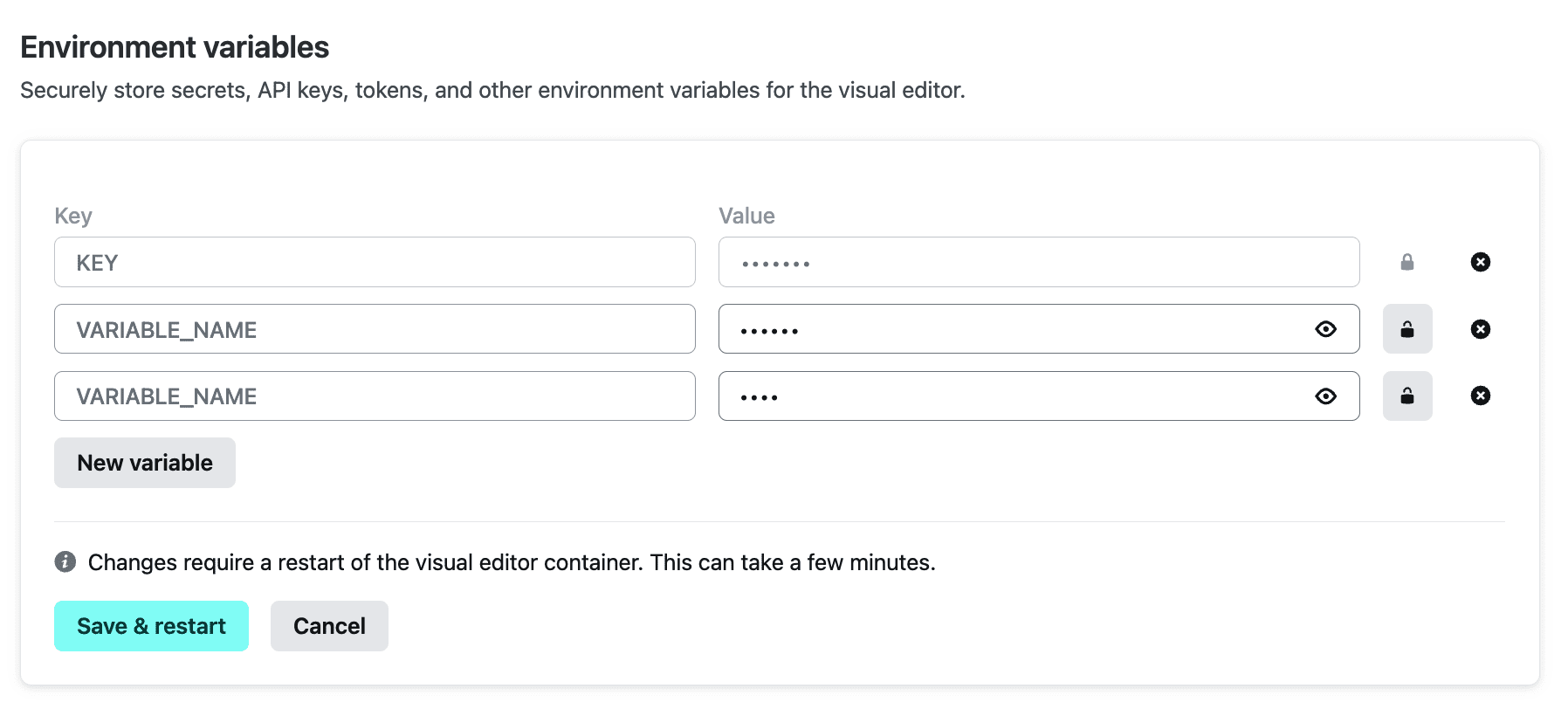 Environment variables settings UI for visual editor