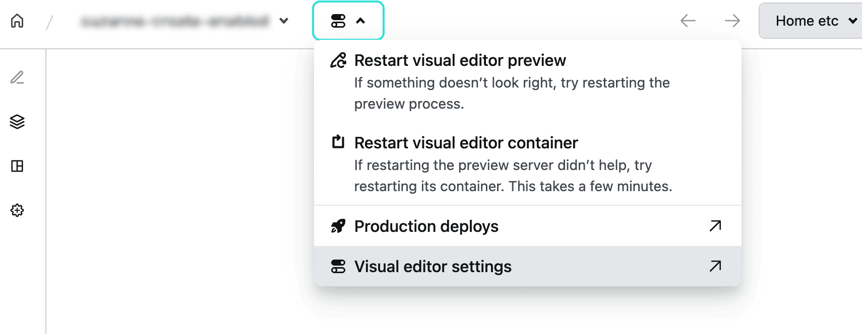 Visual editor dashboard UI showing a drop-down menu with the visual editor settings option